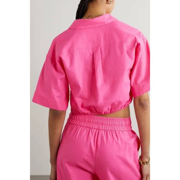 FRAME Cropped Twist Front Shirt Linen Pink Flamingo S NWT Resort Wear Coastal - Picture 3 of 9